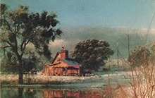 View from the east northeast, in the early morning after a winter snow. You can see the shade trees to the east and west of the solar-heated home.